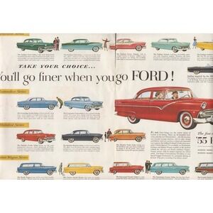 1955 Ford  Vintage Print Ad Fairlane Customline Sedan Station Wagon Thunderbird